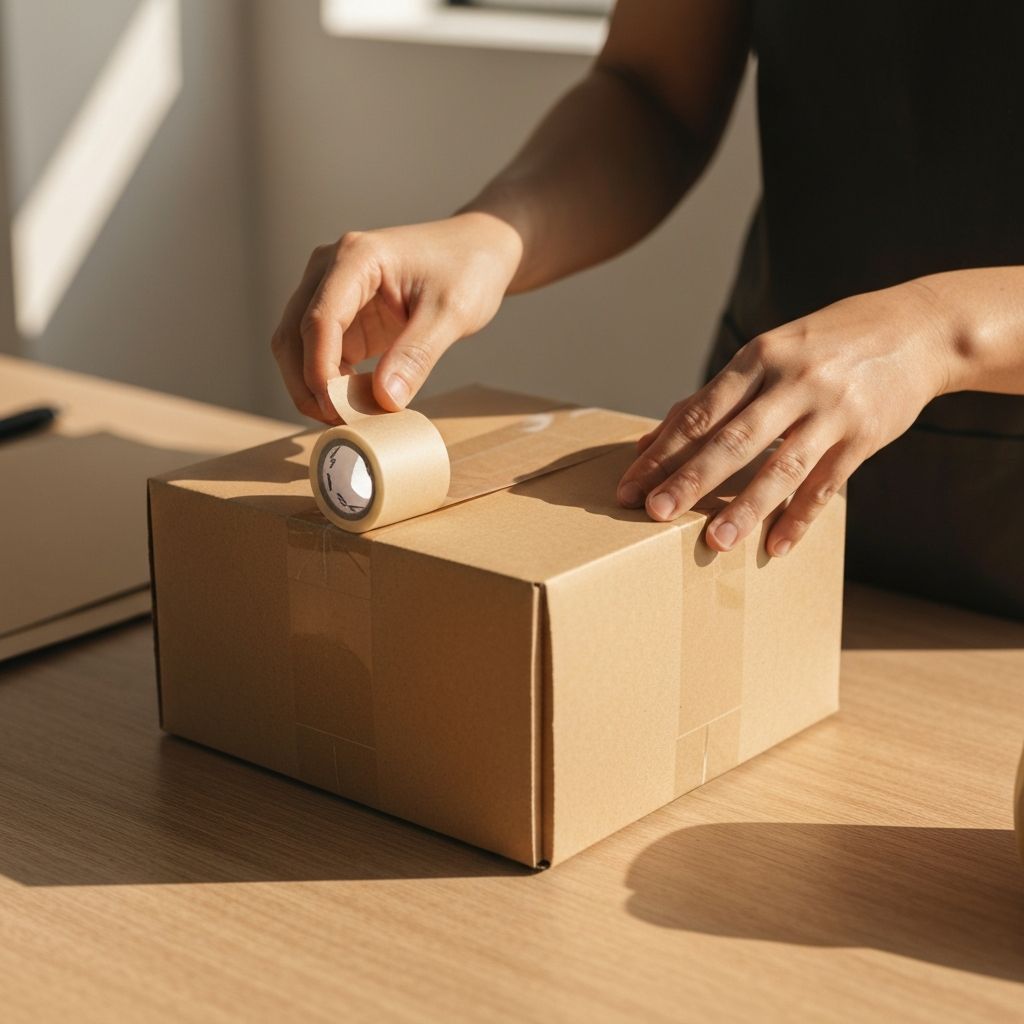 Hände wickeln Kraft-Papier sorgfältig um einen Karton mit Papierklebeband ein