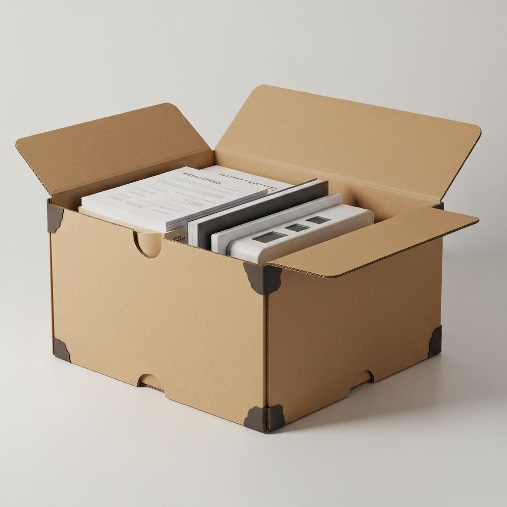 Gepackter und versiegelter Kraft-Versandkarton mit Papierinhalt